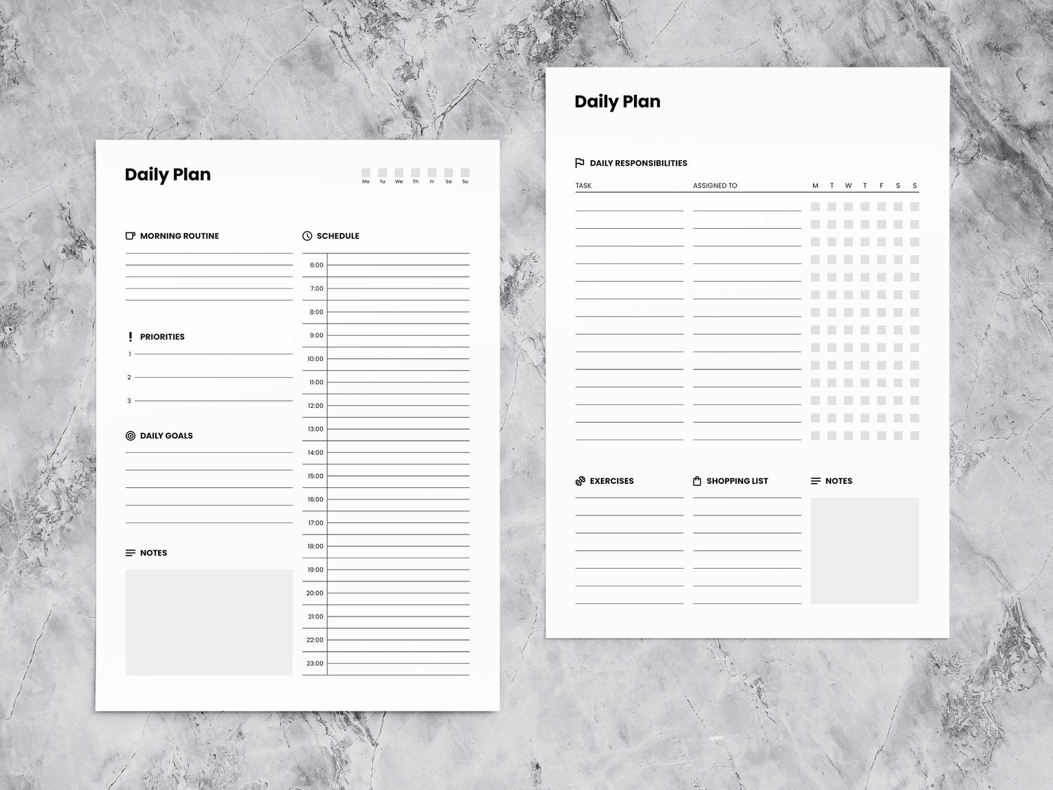 Mockup of two minimalist daily planner sheets (black and white) lying on a marble surface. The sheets cover topics like morning routine, daily goals, notes, schedule and much more.