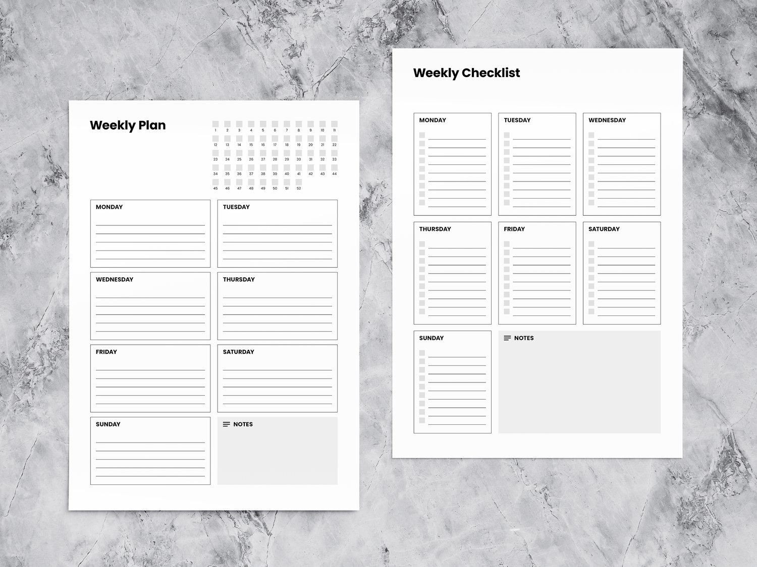 Mockup of two minimalist planner sheets lying on a marble surface. The first page is about weekly plans, the second is about a weekly checklist.