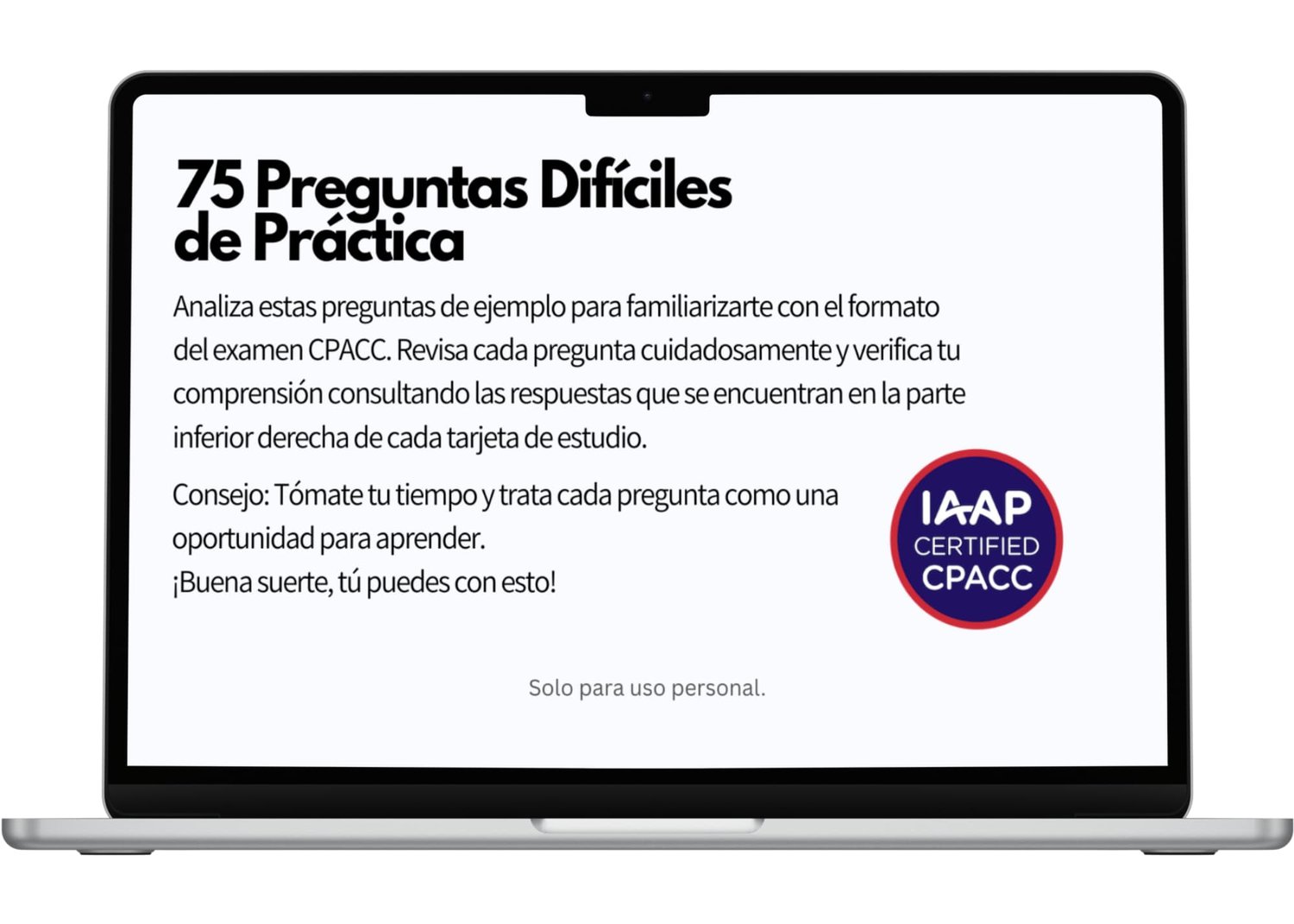 una computadora portátil muestra la versión digital de las 75 difíciles preguntas de práctica CPACC para el examen de IAAP en español