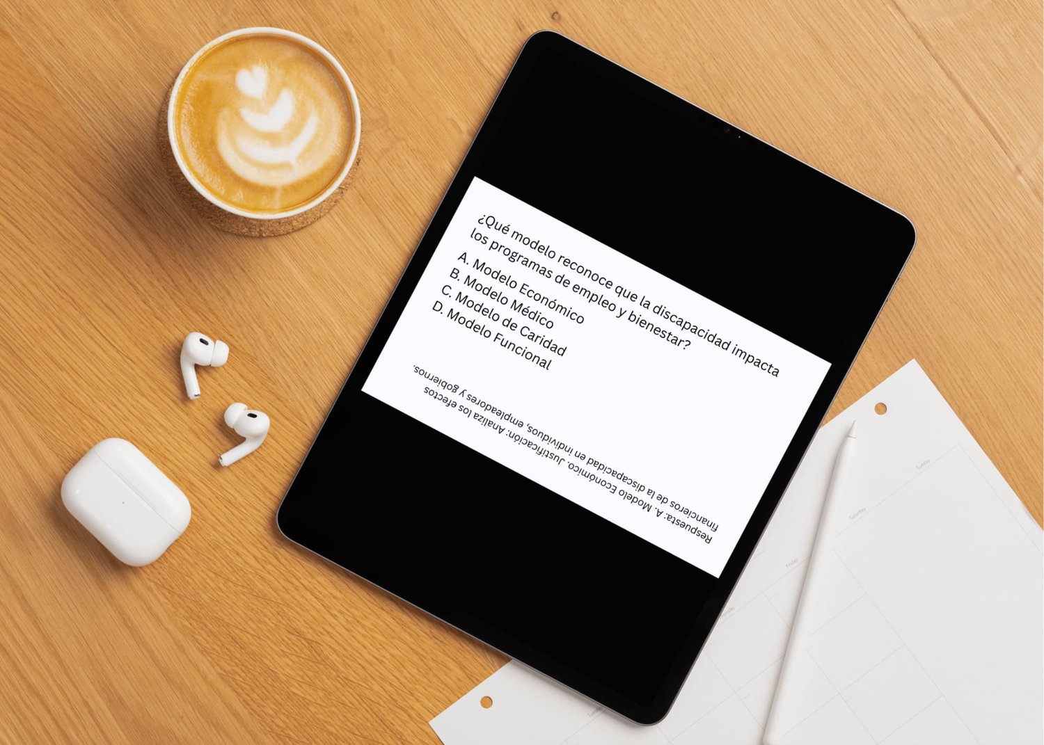 Un dispositivo tablet muestra una pregunta de práctica sobre los modelos teóricos de la discapacidad