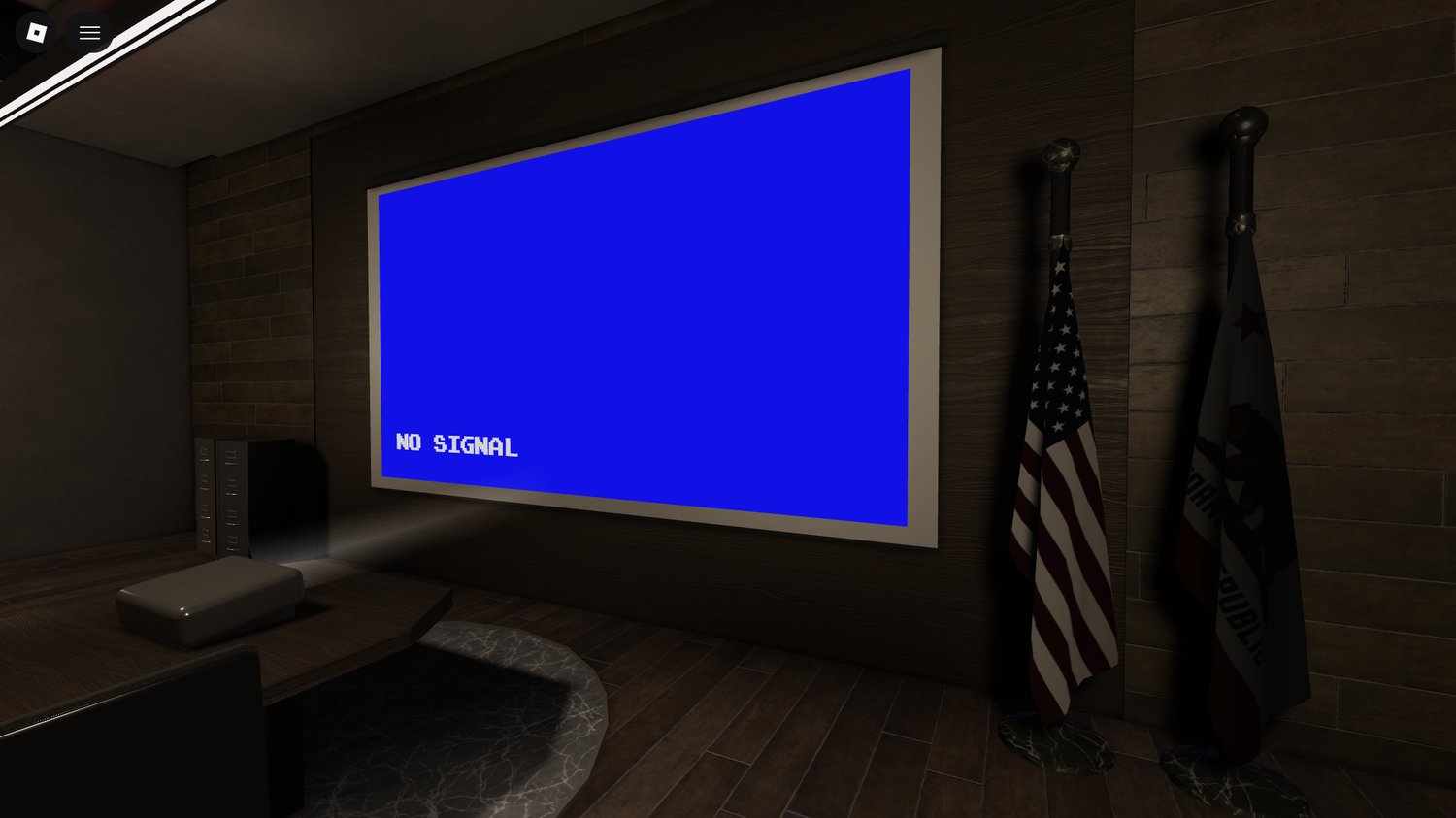 Presentation room decorated with American flags