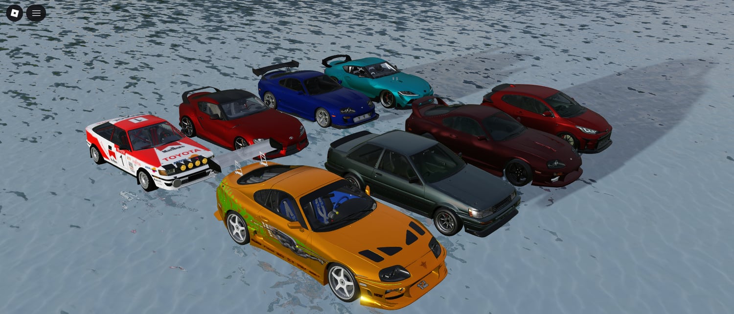 Roblox vehicle pack with eight high-detail Toyota models in multiple colors