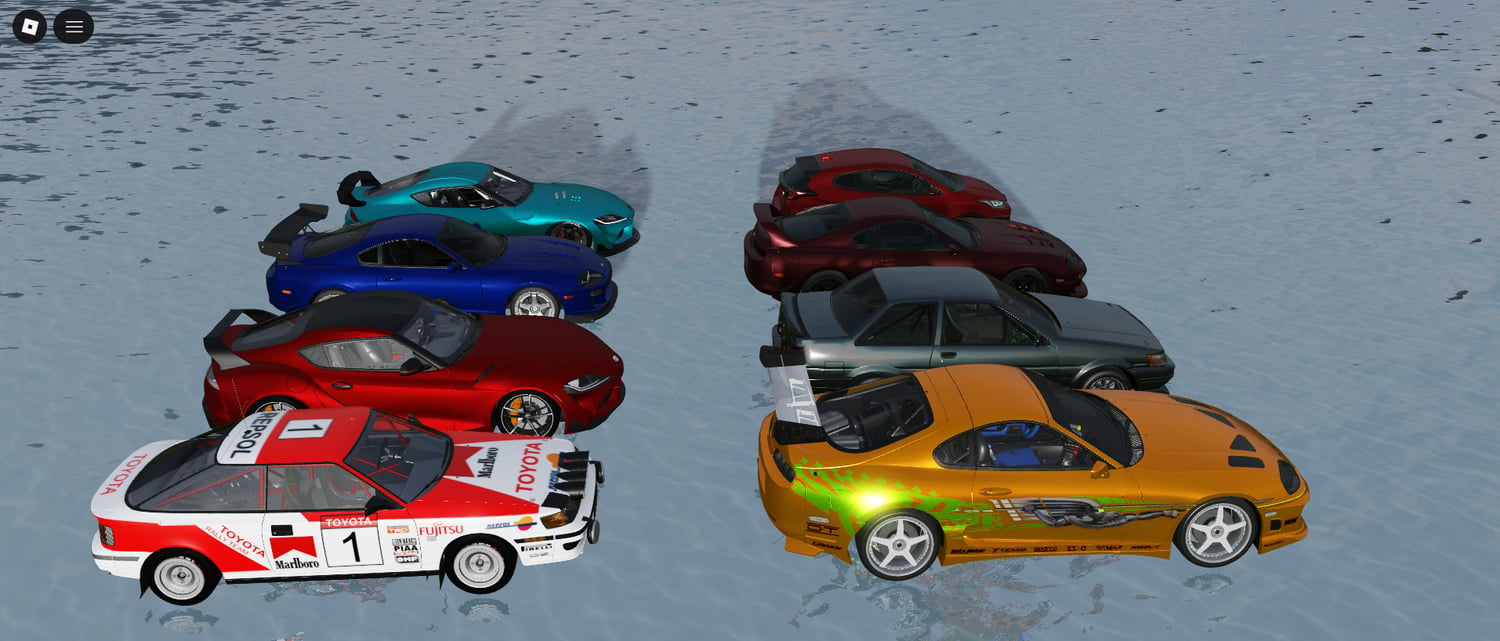 Fully scripted Toyota-inspired car collection displayed on reflective terrain