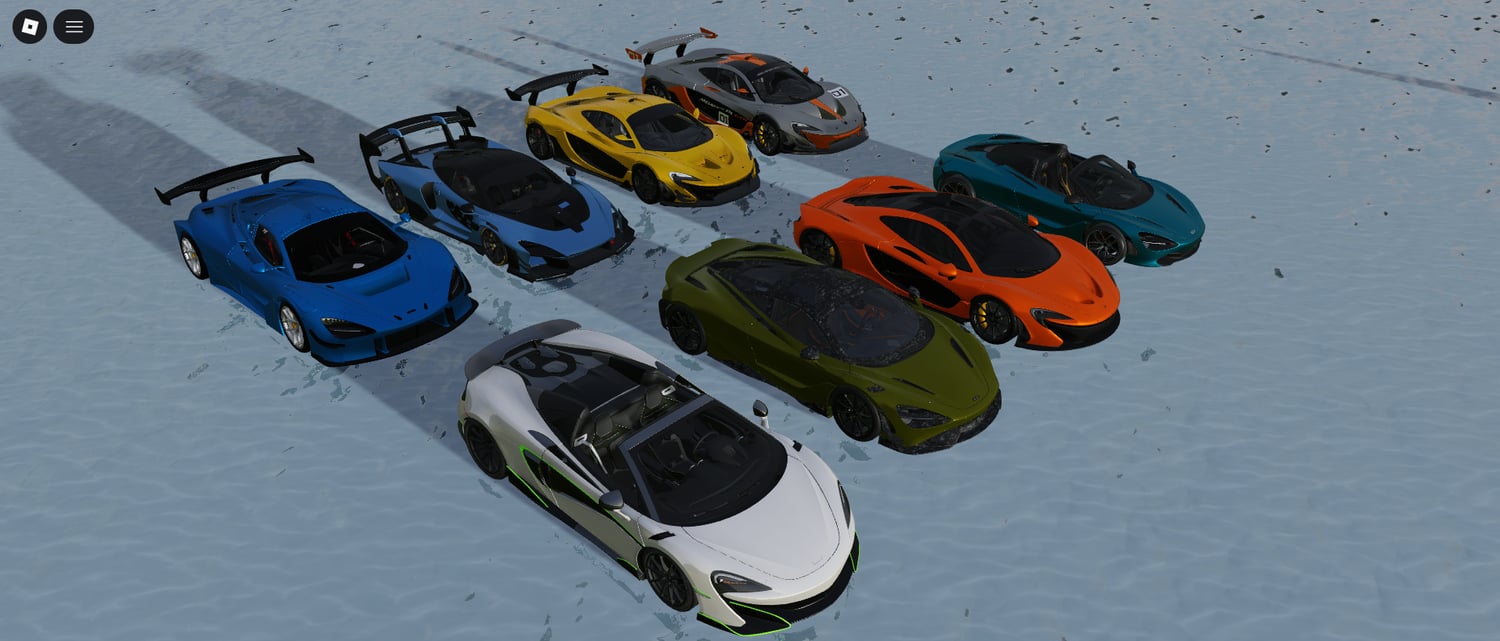 Lineup of McLaren-inspired supercars in multiple colors for Roblox racing games