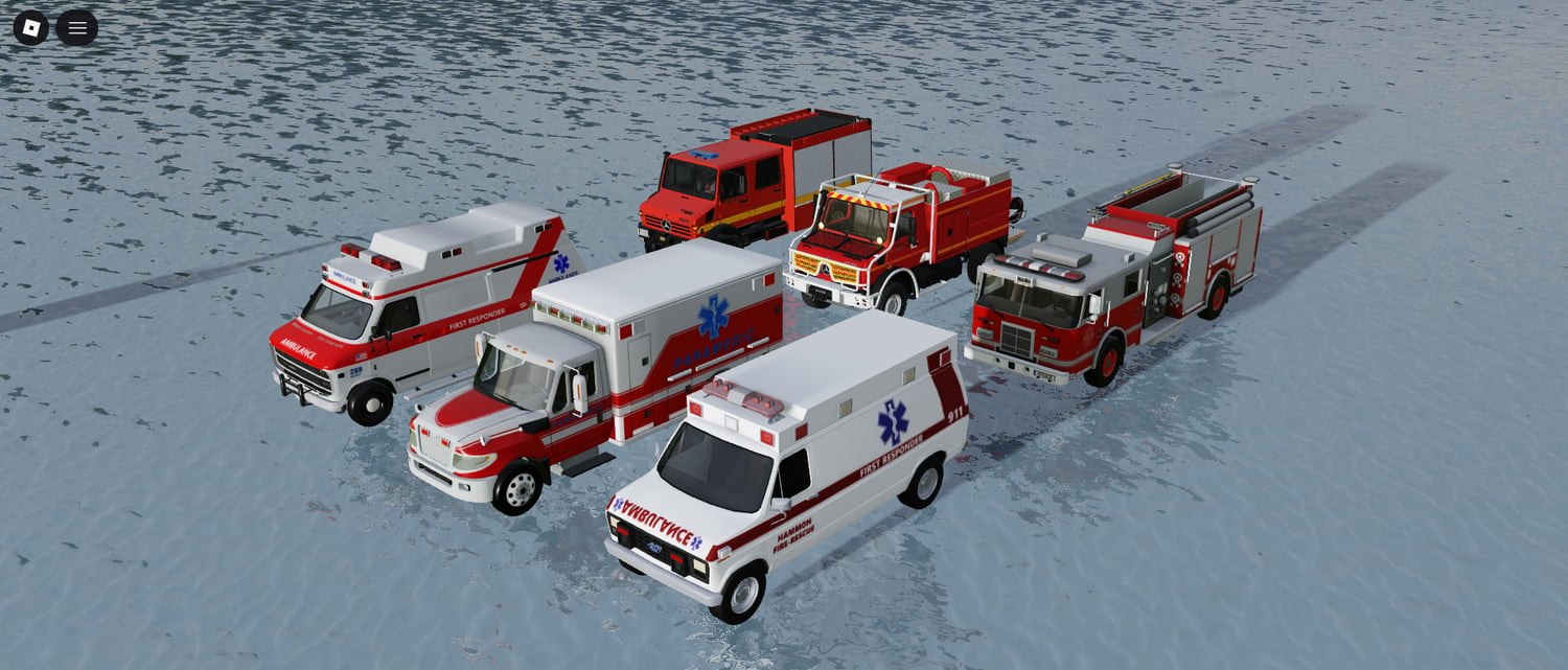 Pack of six emergency response vehicles featuring ambulances and fire engines