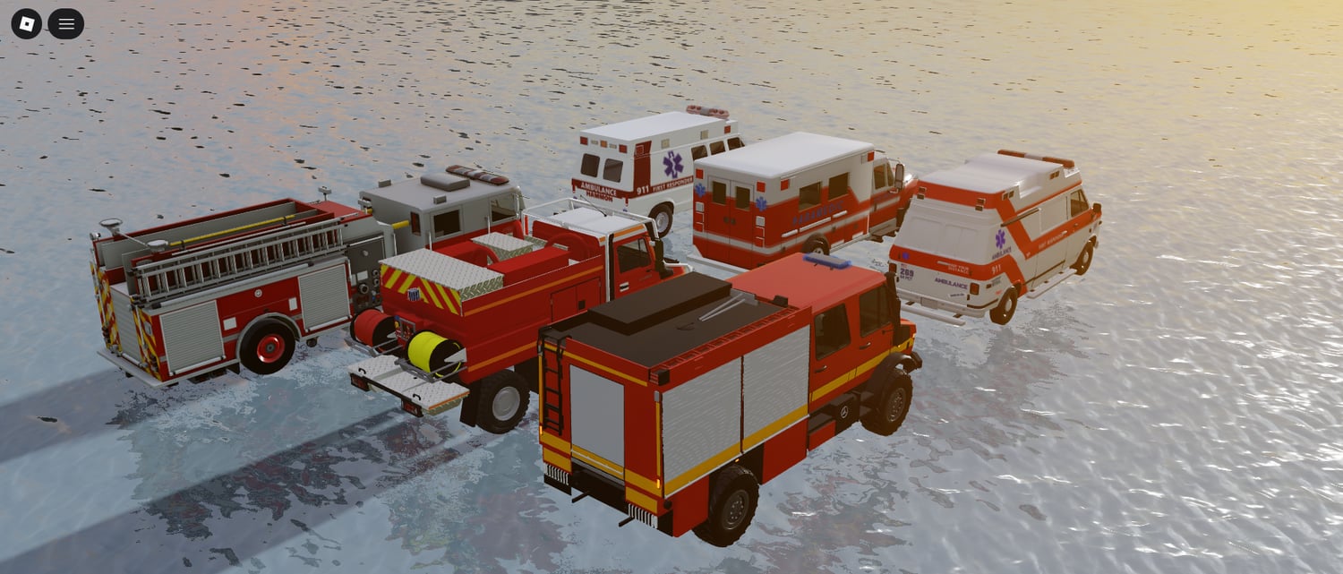 Ambulances and rescue trucks displayed in a realistic emergency vehicle set