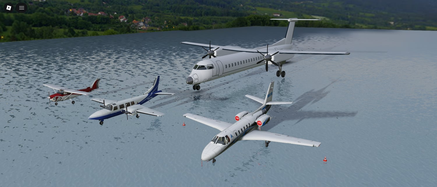 Four detailed Roblox aircraft including prop planes, jets, and a passenger plane