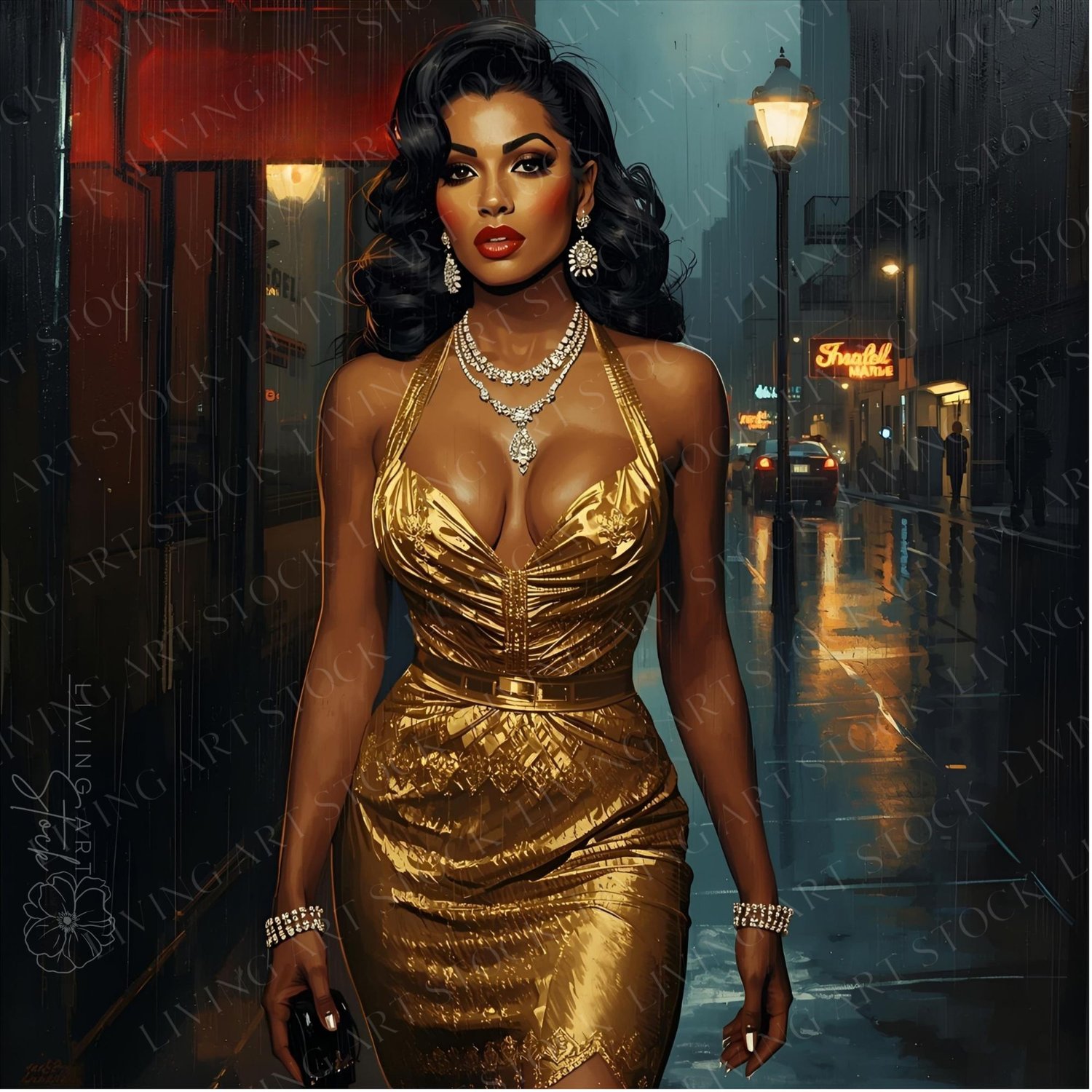 A captivating and glamorous woman with dark, voluminous hair and striking makeup is captured walking confidently down a wet, rainy city street at night. She is wearing a figure-hugging, shimmering gold halter dress that accentuates her silhouette.