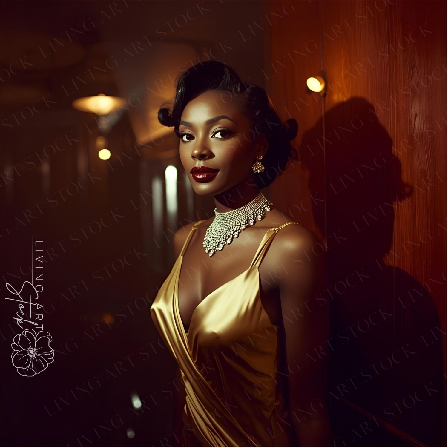 A stunning and elegant Black woman is depicted in a low-light, vintage-style setting. She is wearing a flowing, plunging gold silk slip dress and an exquisite diamond choker necklace with matching earrings.