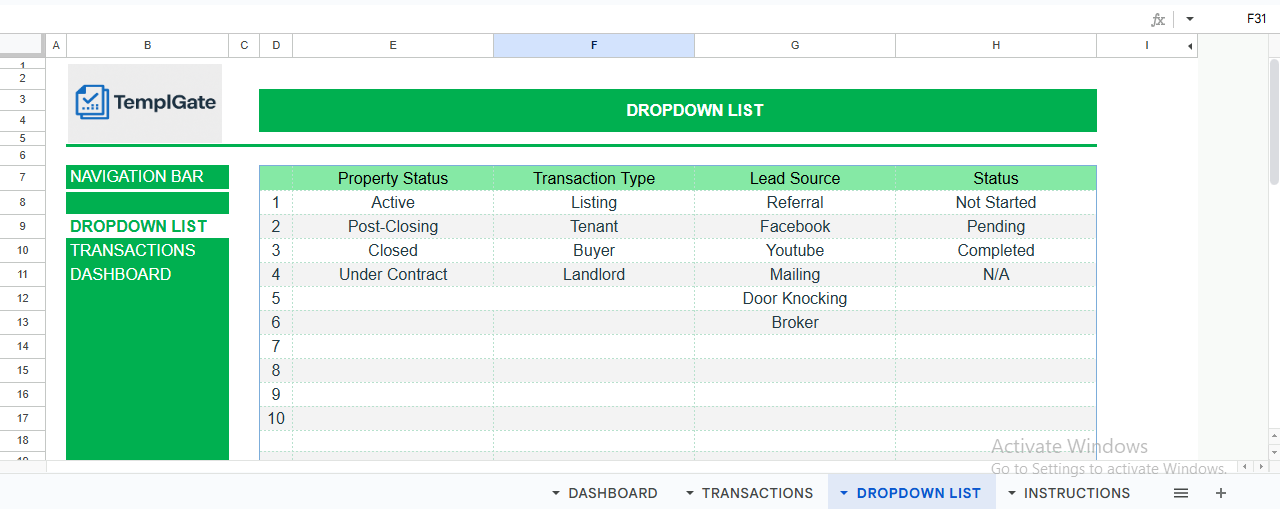 Structured dropdown lists to ensure clean and accurate real estate transaction data entry in Google Sheets