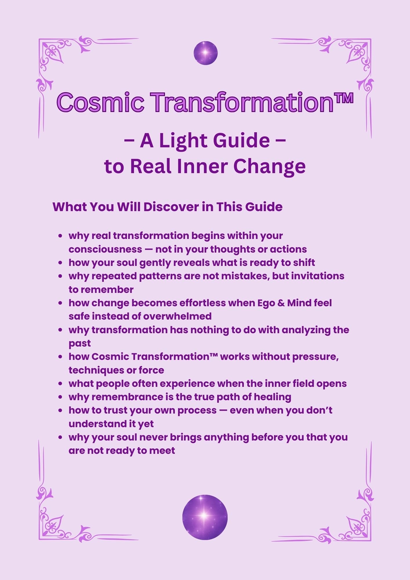 Interior page of the Light Guide “Cosmic Transformation™”, presenting the section “What You Will Discover in This Guide” with text on a light violet background and decorative elements.