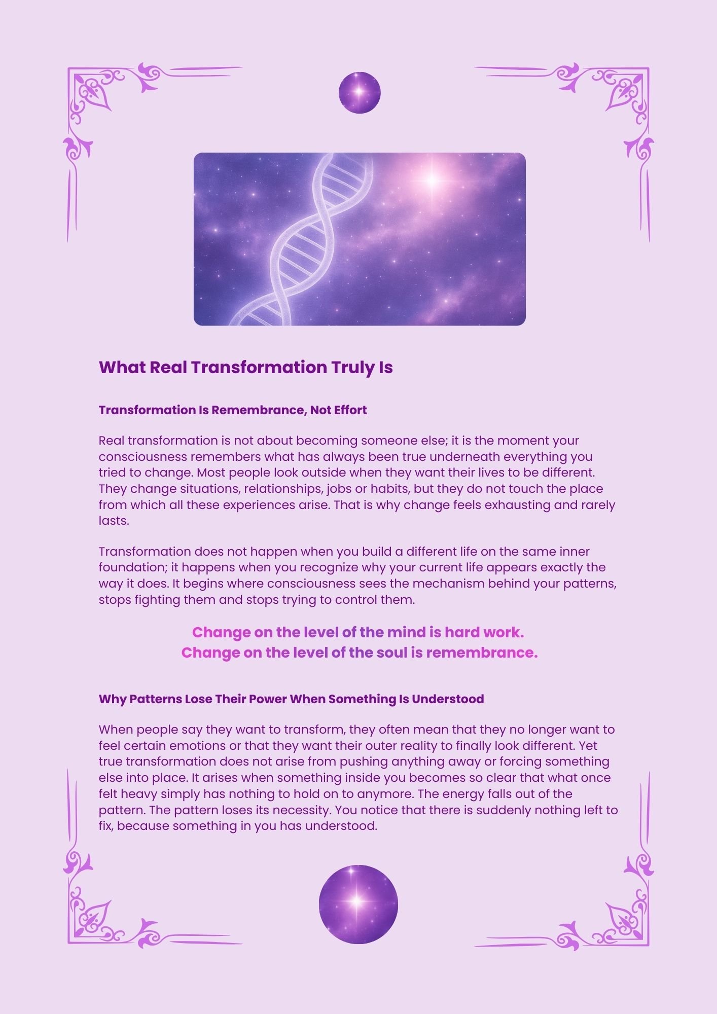 Interior chapter page of the Light Guide “Cosmic Transformation™” featuring a purple-toned cosmic illustration above a chapter title and body text.