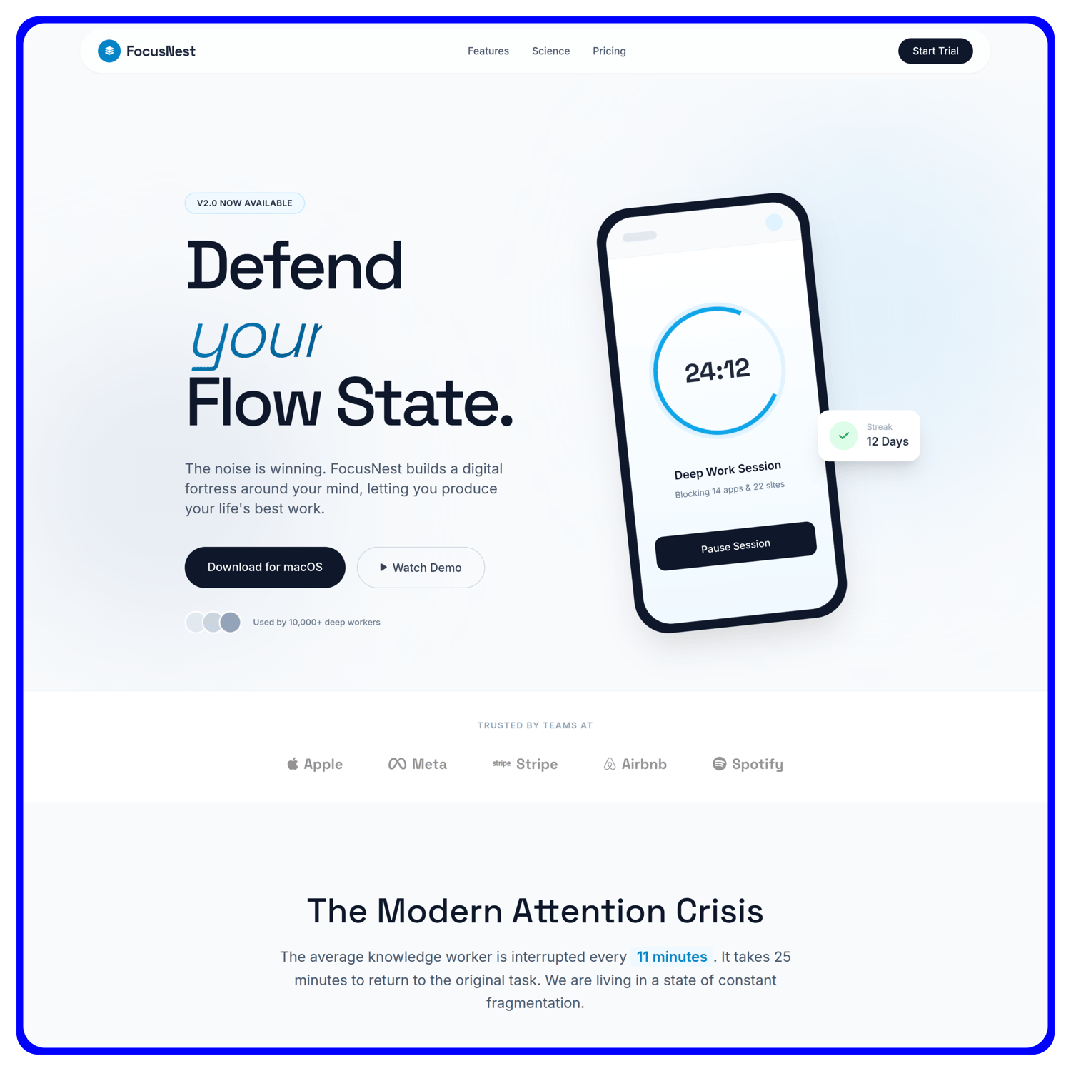 FocusNest Hero & Navigation Preview