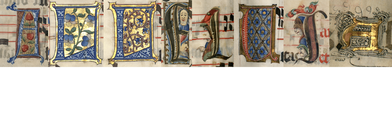 Illuminated letters taken from various medieval manuscripts spelling Alleluia.