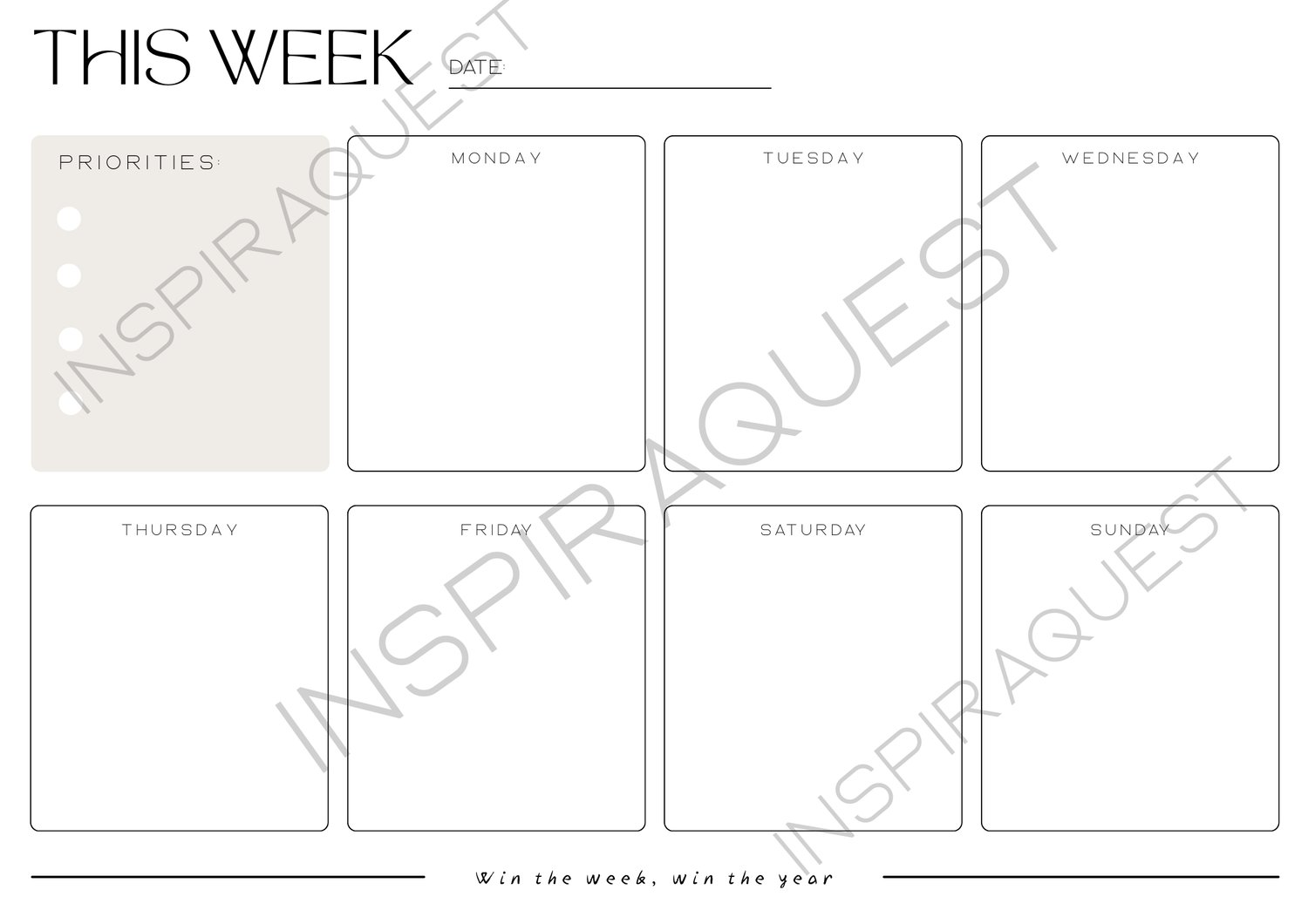 Horizontal weekly planner printable PDF template