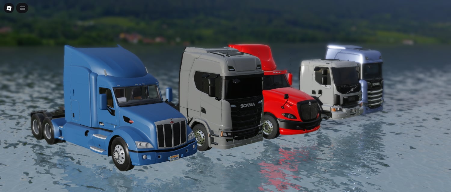 High-detail scripted semi trucks lined up on reflective terrain in Roblox