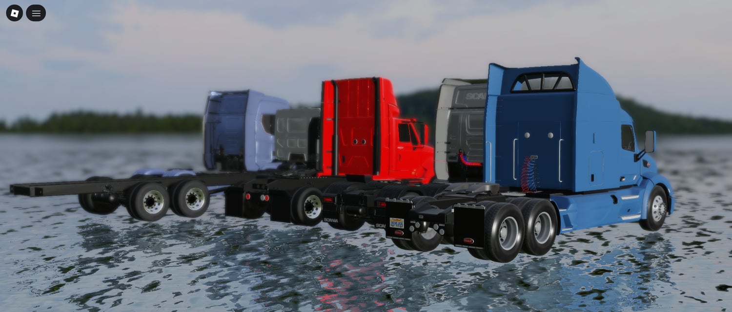 Five detailed semi trucks displayed in a fully scripted Roblox truck pack