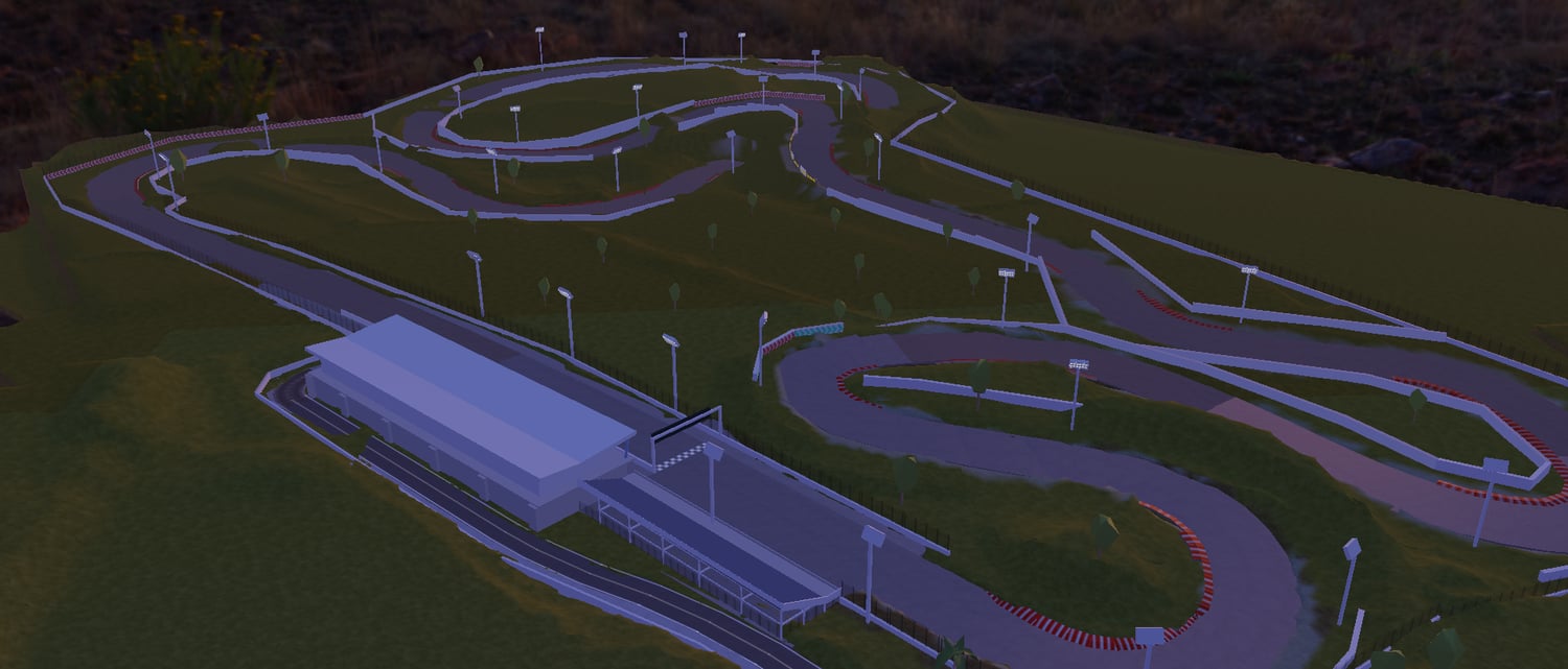 Detailed Roblox roleplay map featuring winding race track and tall city structures