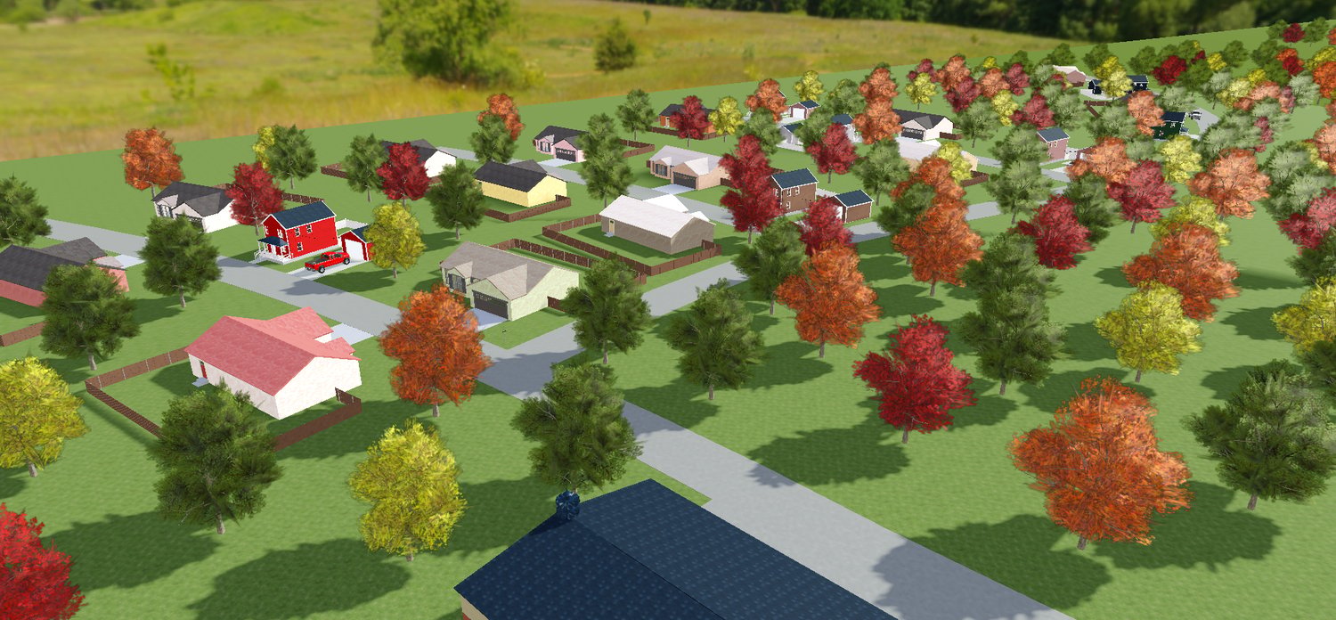 Roblox small-town RP map featuring trailers, town hall, and open farmland