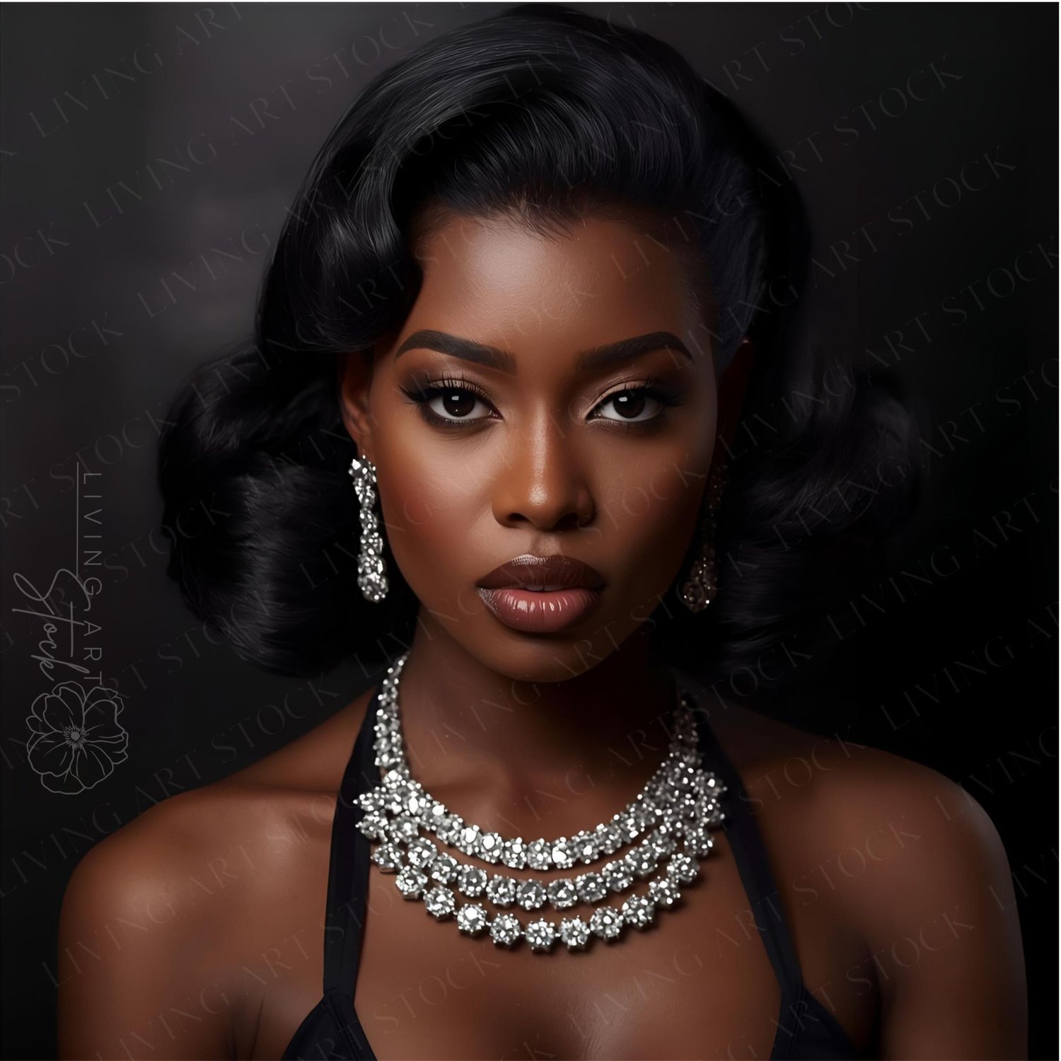 A striking, close-up studio portrait of a beautiful Black woman exuding classic Hollywood glamour. She is adorned with magnificent, sparkling diamond jewelry, featuring a multi-strand choker necklace and matching dangle earrings. The woman has a flawless 