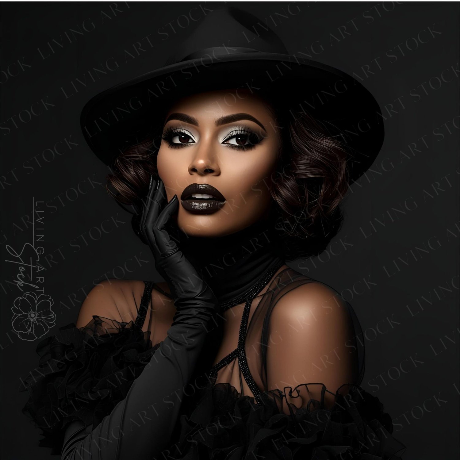 This is a dramatic, high-contrast, studio portrait featuring a glamorous African American woman in a sophisticated, all-black ensemble. She is wearing a wide-brim fedora-style hat, long opera gloves, and a ruffled, sheer top. Her makeup is bold and luxuri