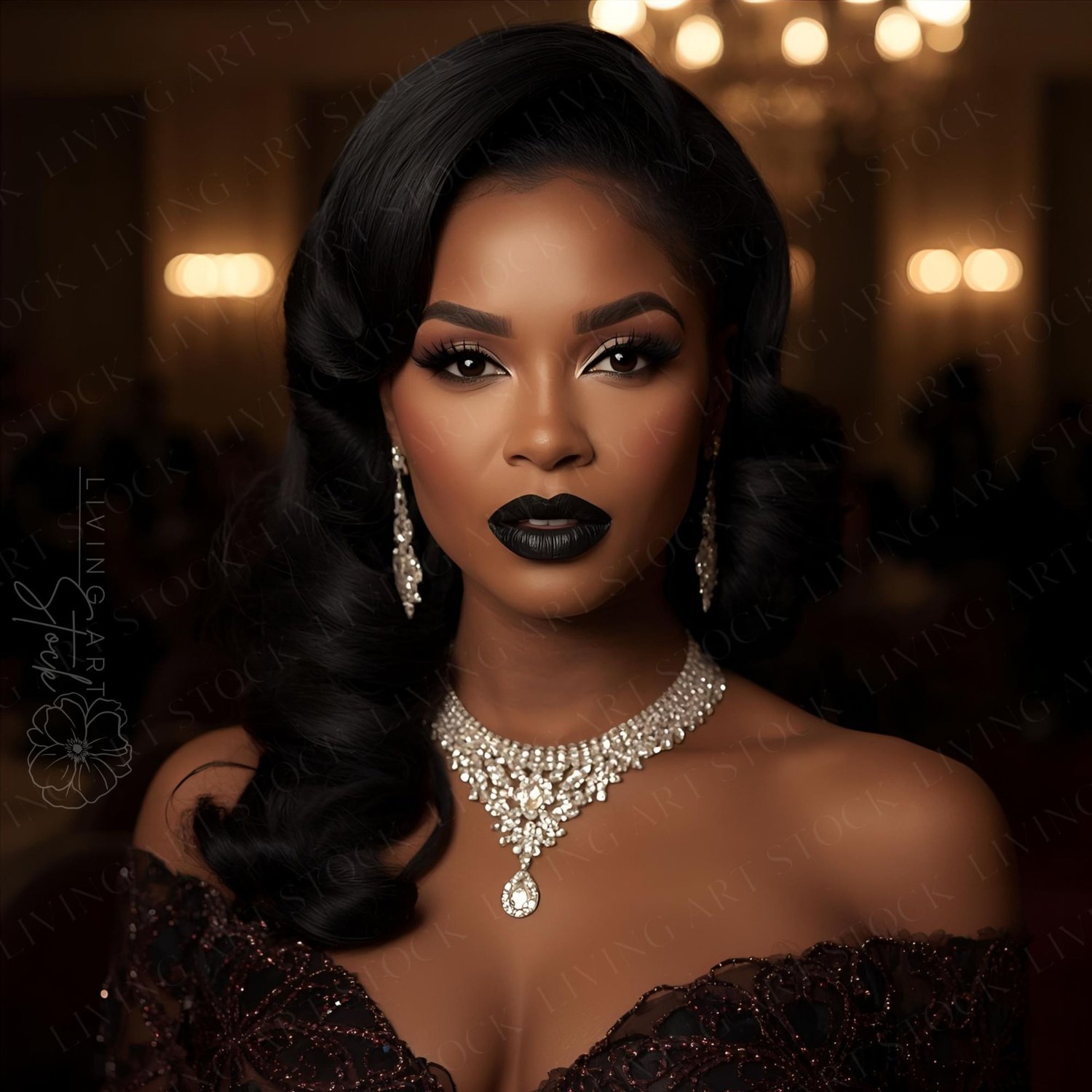 This is an elegant, close-up portrait of a gorgeous African American woman dressed in luxurious formal wear. She is wearing a dazzling, multi-layered diamond necklace and complementary chandelier earrings. Her hair is styled in glamorous, retro-inspired H