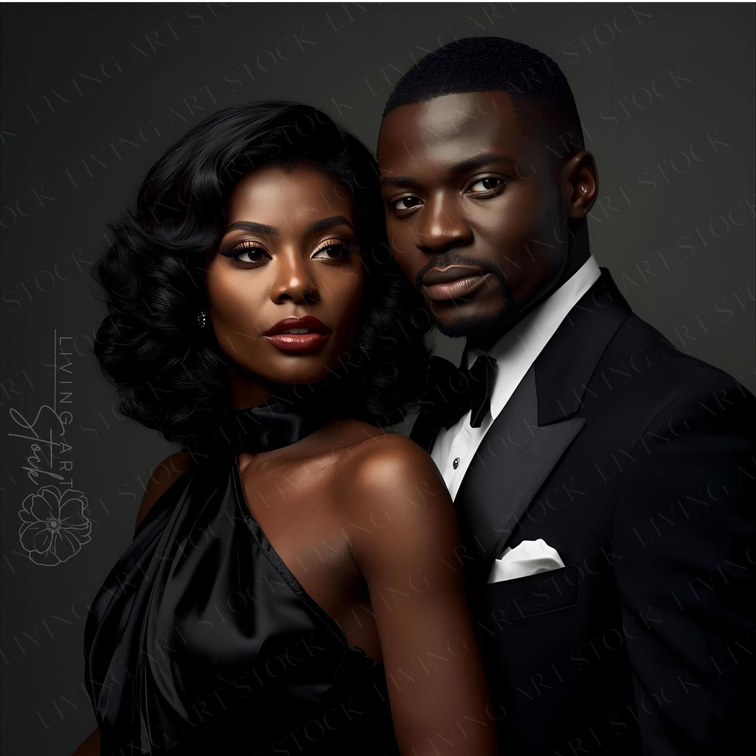This is a classic and sophisticated studio portrait featuring a glamorous African American couple dressed in formal black tie attire. The man is wearing a sharp black tuxedo with a white shirt and black bow tie, exuding confidence and elegance. The woman 