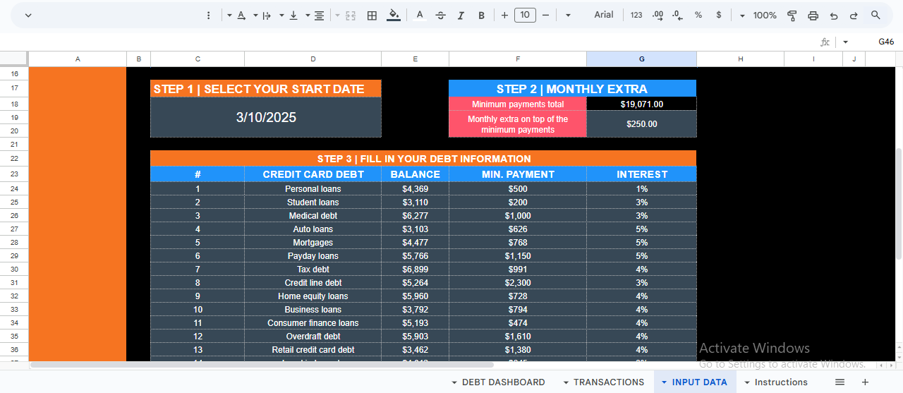 Debt Snowball Spreadsheet input data sheet for entering debts, balances, minimum payments, interest rates, start date, and monthly extra payment amounts