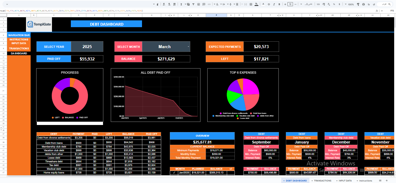 Debt Snowball Spreadsheet dashboard showing total debt balance, paid amount, remaining debt, monthly payments, progress charts, and debt payoff timeline in Excel and Google Sheets