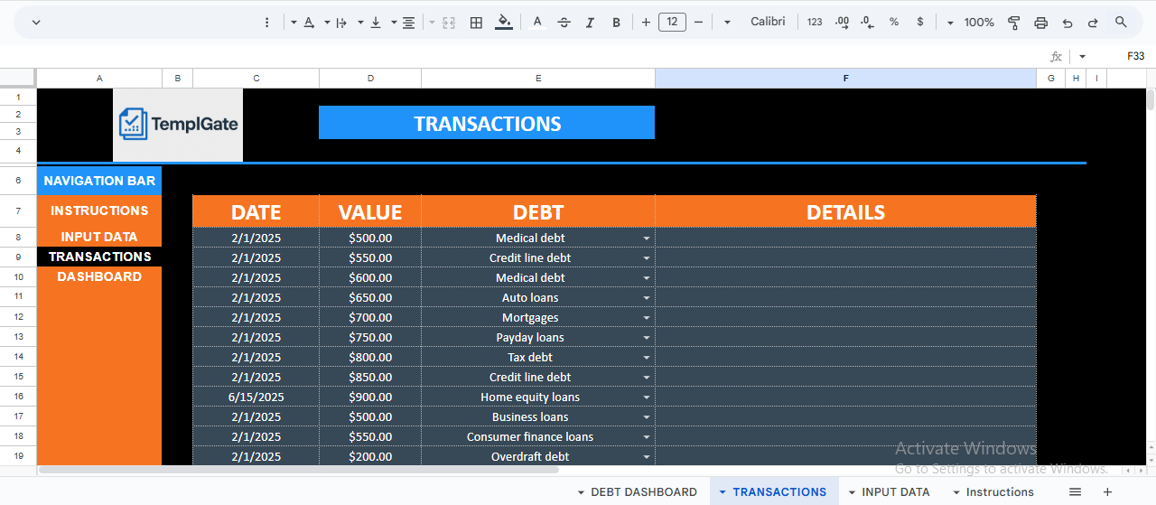 Debt Snowball Spreadsheet transactions sheet used to record debt payments by date, amount, debt type, and payment details for accurate tracking