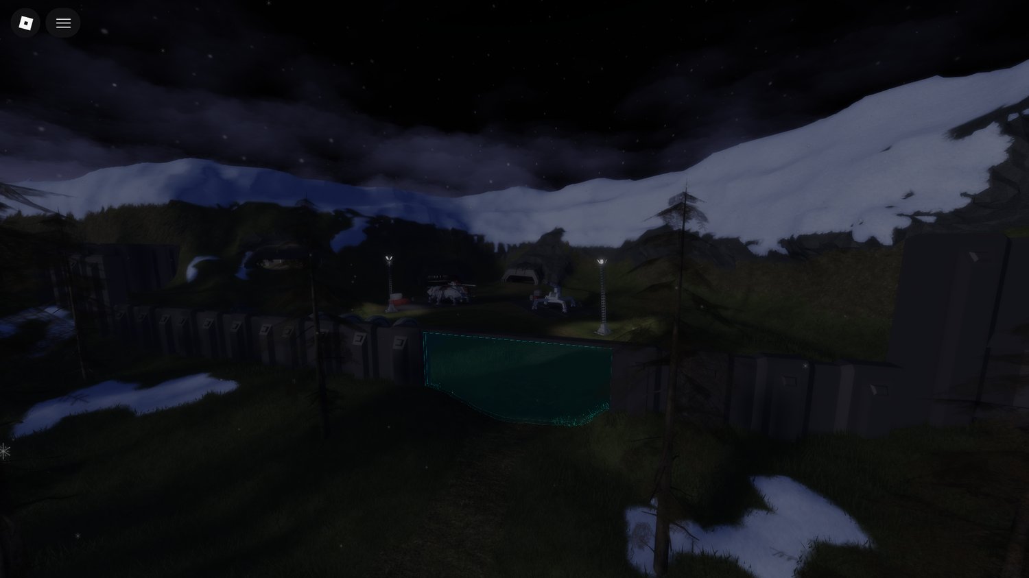 Nighttime sci-fi terrain with falling snow