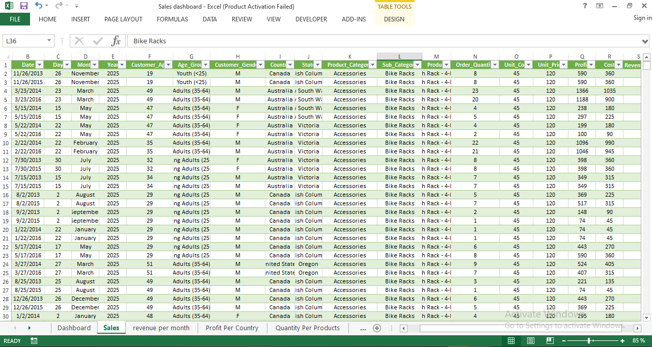Structured Excel sales data table including date, customer demographics, product category, order quantity, unit price, cost, profit, and revenue.
