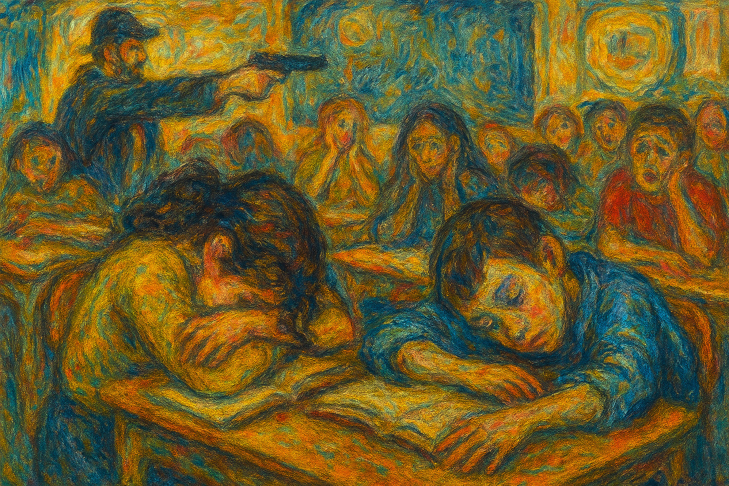 Een krachtige visuele fabel over wapenmisbruik en schoolschietpartijen, in Digimari‑stijl met symbolische sleutels.