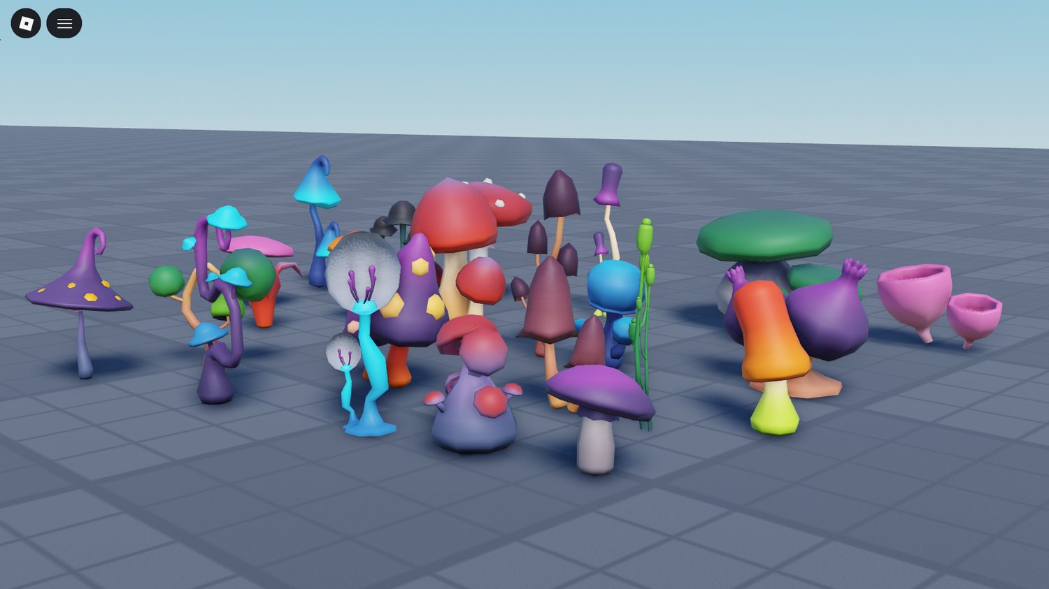Cartoony mushrooms in Roblox environment
