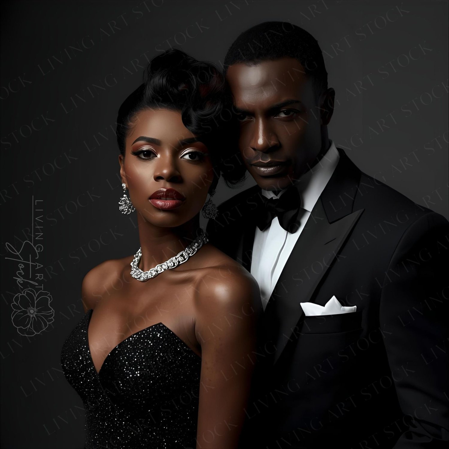 A striking, low-key, professional studio portrait of an elegant and glamorous Black couple dressed in formal black tie attire. The woman is in the foreground, wearing a shimmering, strapless black evening gown and accessorized with dazzling diamond or rhi