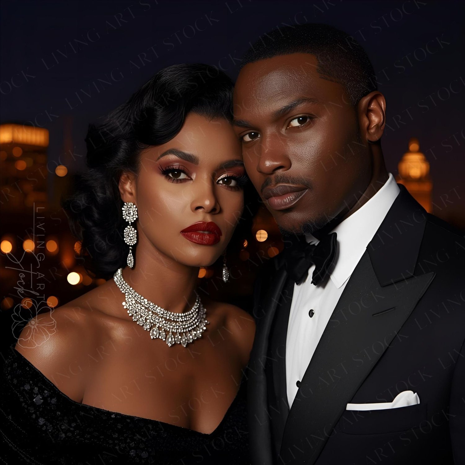 A luxurious and classic portrait of a glamorous Black couple dressed in formal wear, captured at night with a softly blurred city skyline in the background. The couple is positioned close together, looking directly at the camera with intense, serious expr