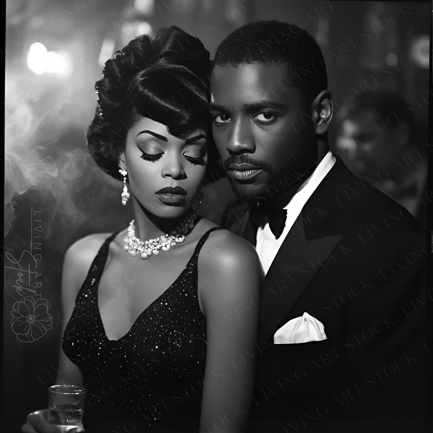 A dramatic, high-contrast black and white photograph captures an elegant Black couple in what appears to be a dimly lit, smoky nightclub or bar setting. The composition and lighting evoke the style of classic film noir. The woman, positioned in the foregr