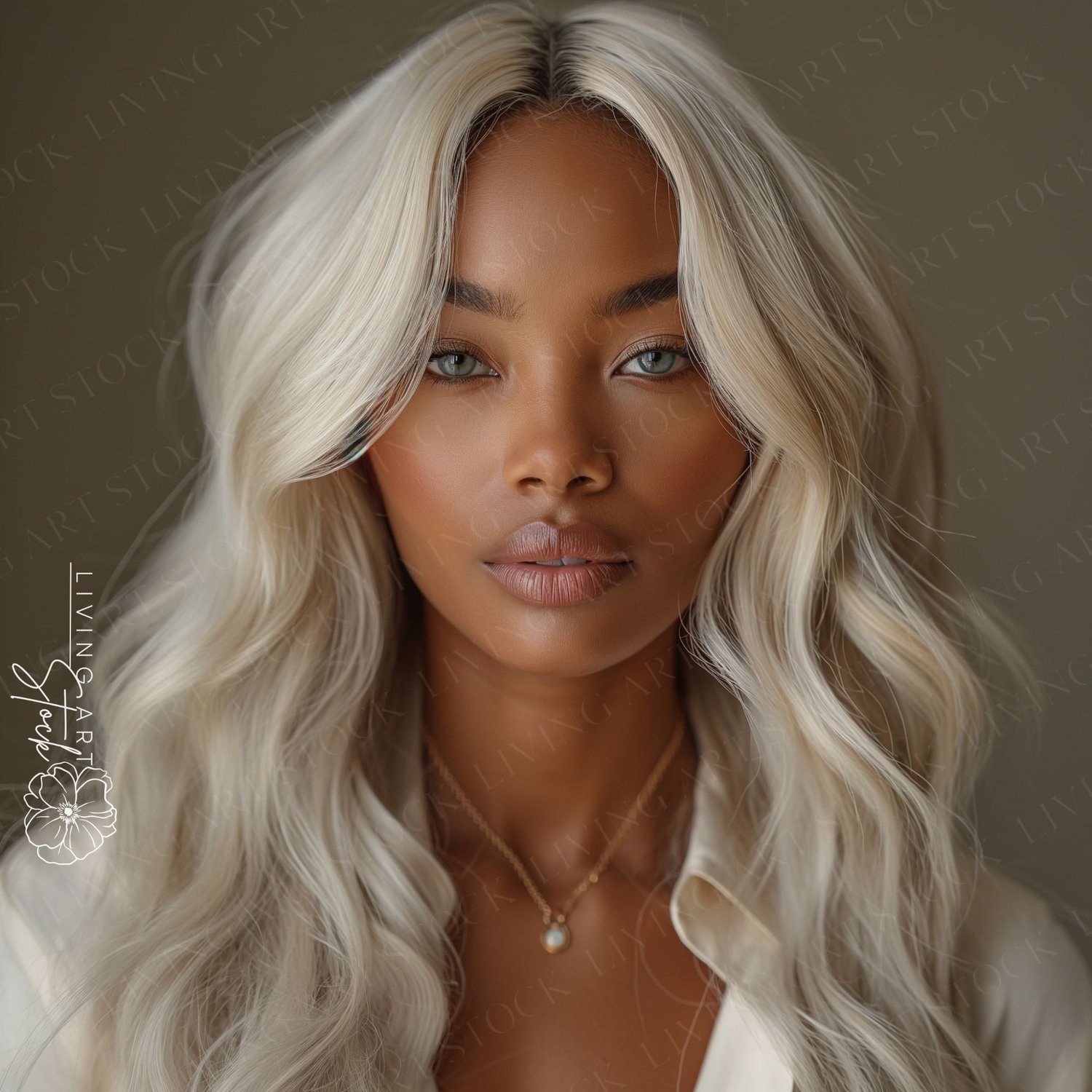 A close-up studio portrait features a young woman with warm, glowing skin and striking features. Her most prominent feature is her long, voluminous, platinum blonde hair styled in soft waves that frame her face. She has captivating light green or blue-gre