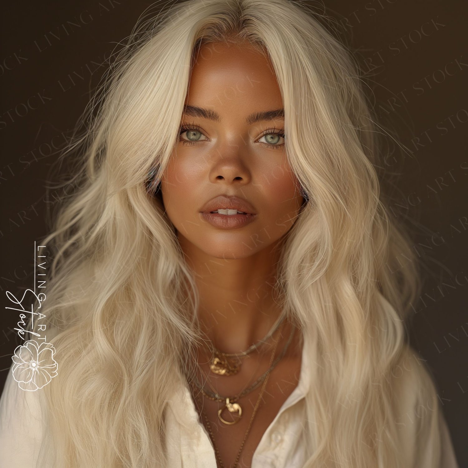 A captivating close-up portrait features a young woman with a striking combination of features. She has flawless, tanned skin and intense, light green eyes that look directly at the viewer. Her long, thick hair is dyed platinum blonde and styled with a na