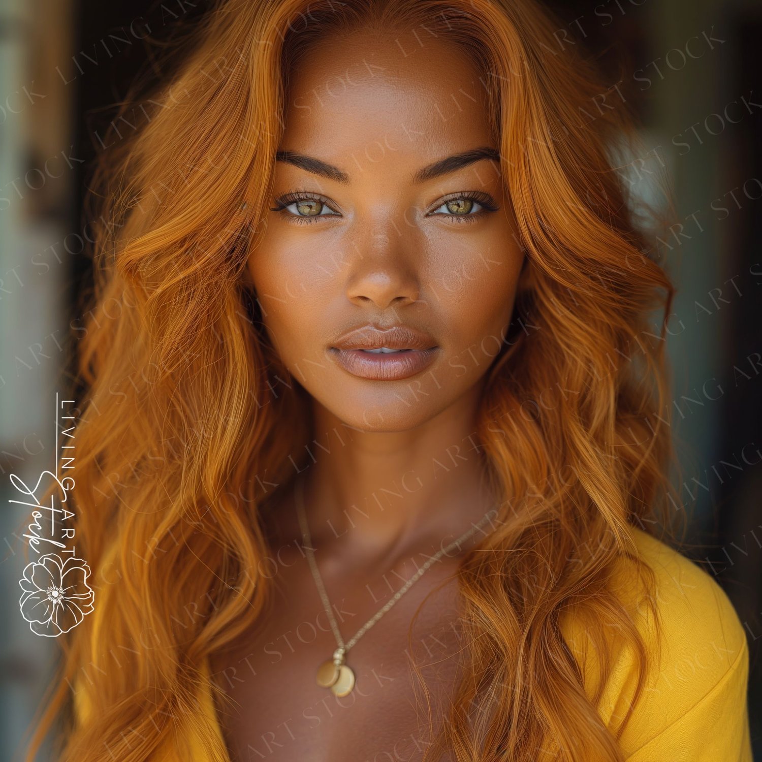 A vibrant, close-up portrait features a young woman with warm, sun-kissed skin and striking features. Her most notable characteristic is her long, thick, and voluminous ginger or reddish-orange hair styled in soft waves that frame her face. She has captiv