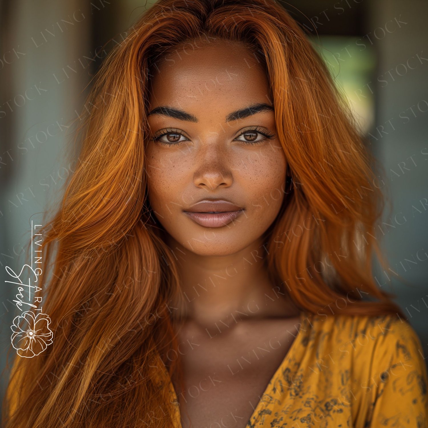 A warm and inviting close-up portrait features a young woman with a striking combination of features. She has beautiful sun-kissed skin lightly dusted with natural freckles across her nose and cheeks. Her long, thick hair is a vibrant reddish-orange or gi