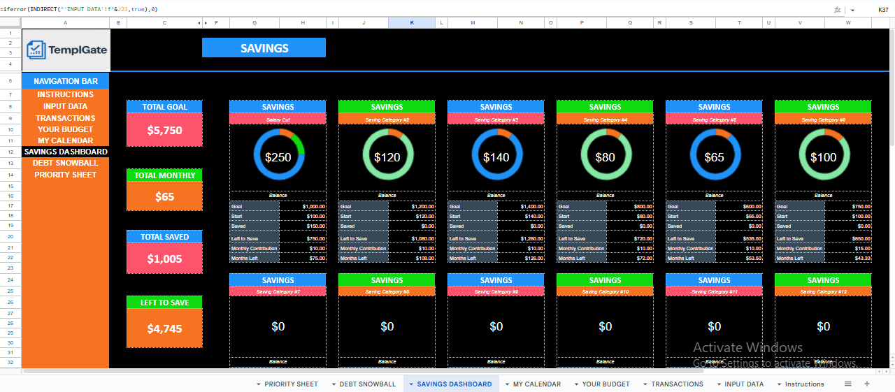 Savings and sinking funds dashboard showing goals, monthly contributions, progress, and remaining balance in Google Sheets
