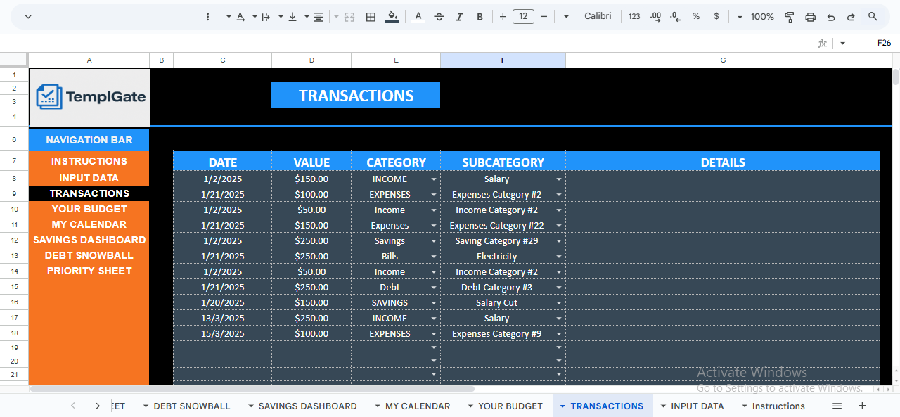 Budget by paycheck transaction log for tracking income, expenses, savings, and debt payments in Google Sheets
