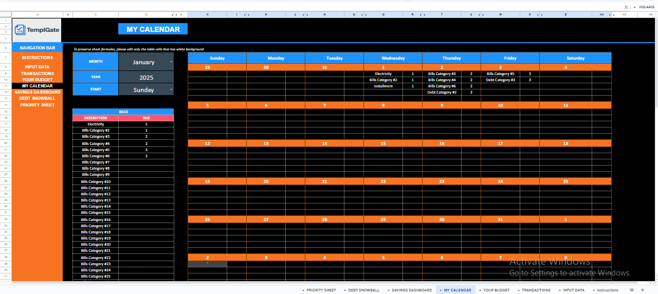 Automated bill payment calendar displaying due dates and scheduled bills inside a budget by paycheck system