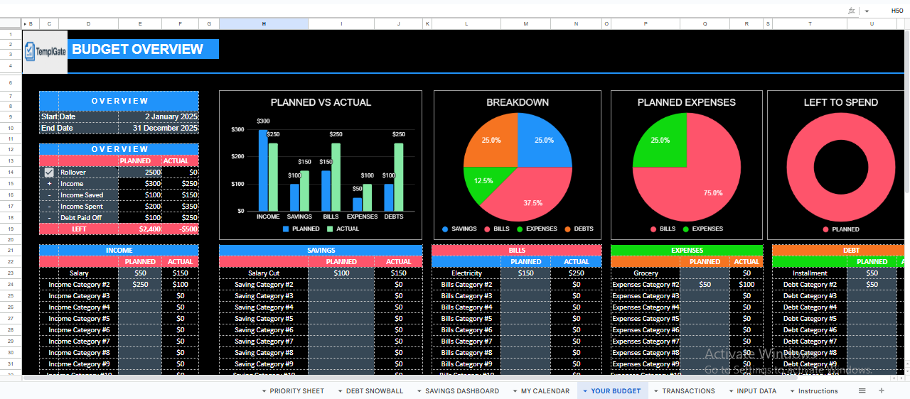 Budget overview dashboard showing planned vs actual income, expenses, savings, bills, and debt in Google Sheets