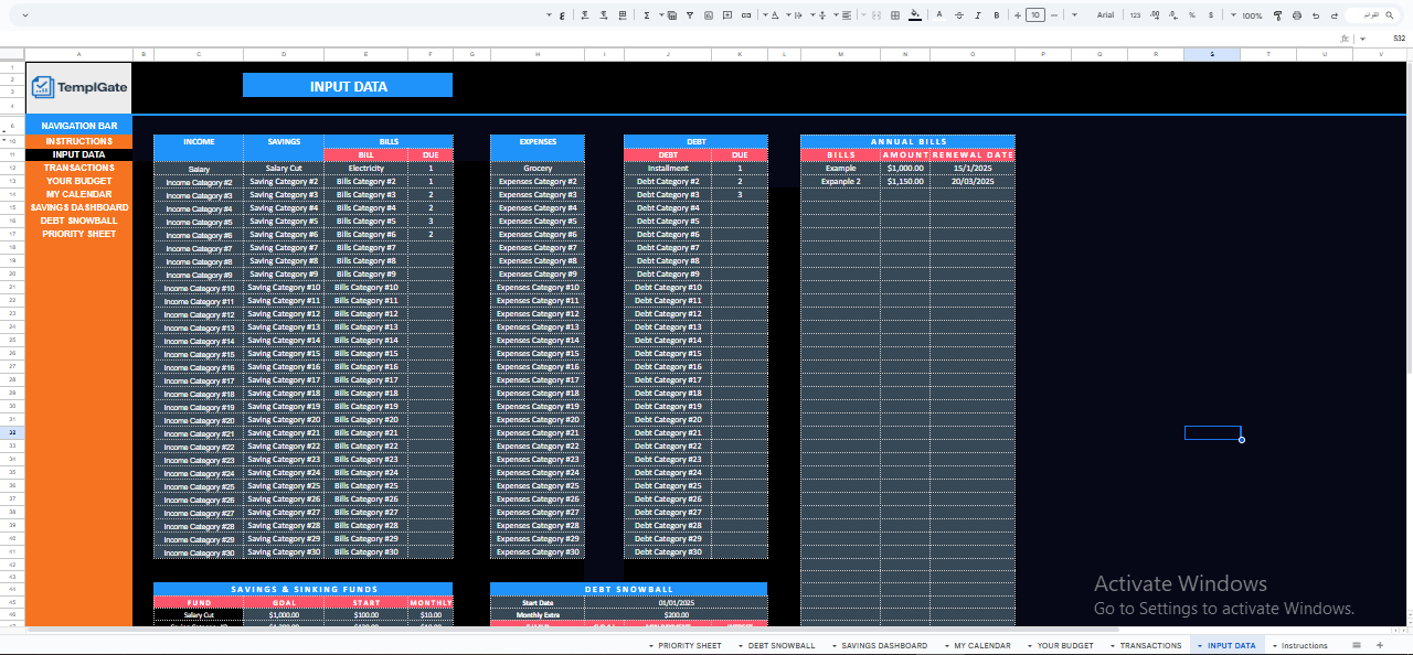 Ultimate Budget by Paycheck input data sheet showing income, bills, expenses, savings, and debt categories in Google Sheets