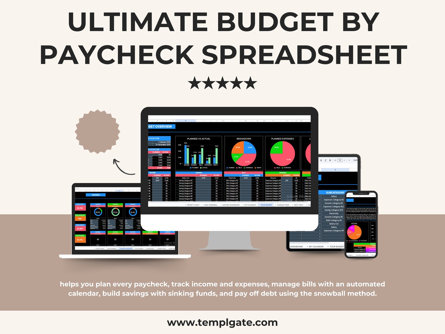 Complete budget by paycheck Google Sheets system with dashboards for budgeting, savings, bills, calendar, and debt tracking