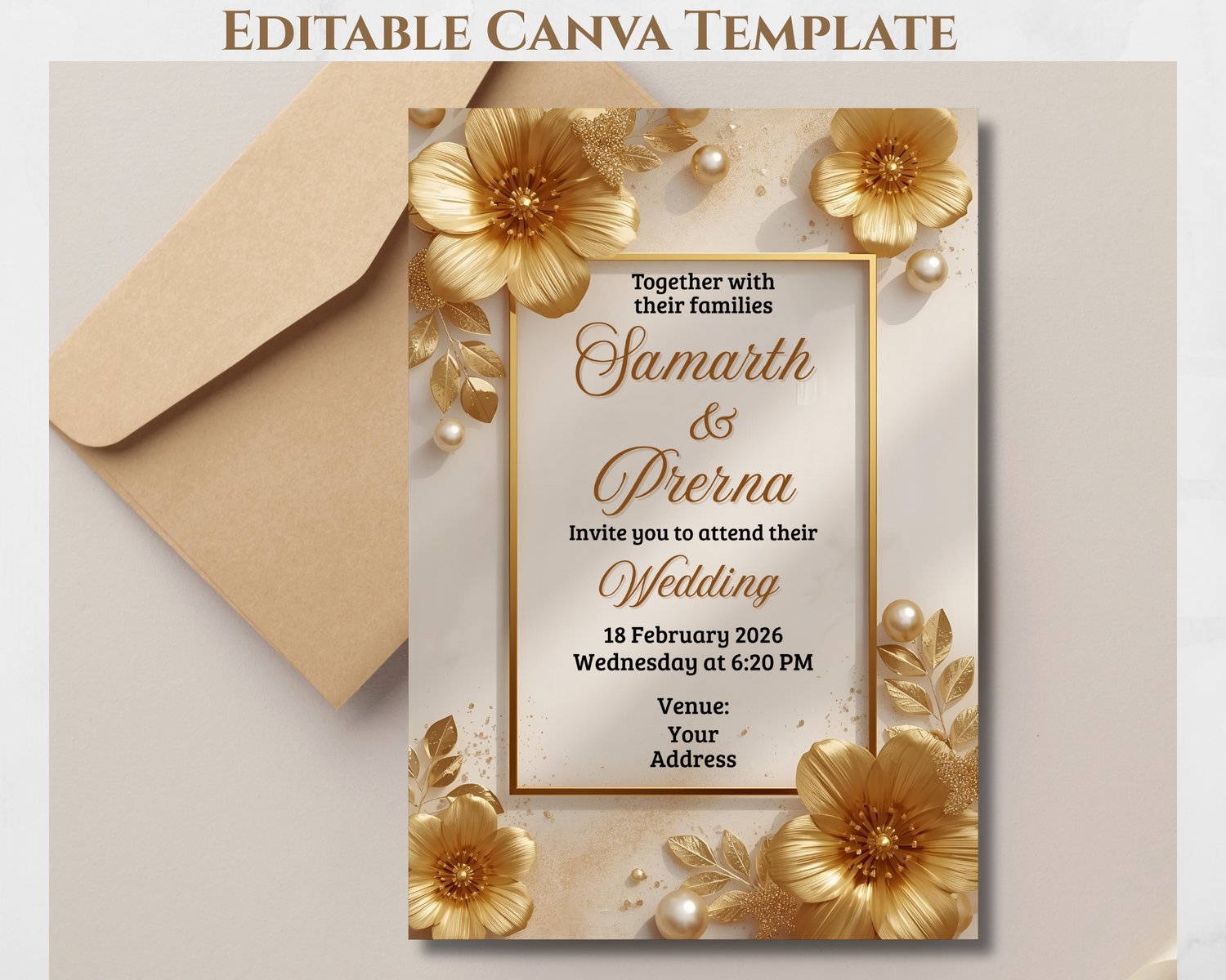 Luxury Gold Floral Wedding Invitation Template | Editable Canva Digital ...