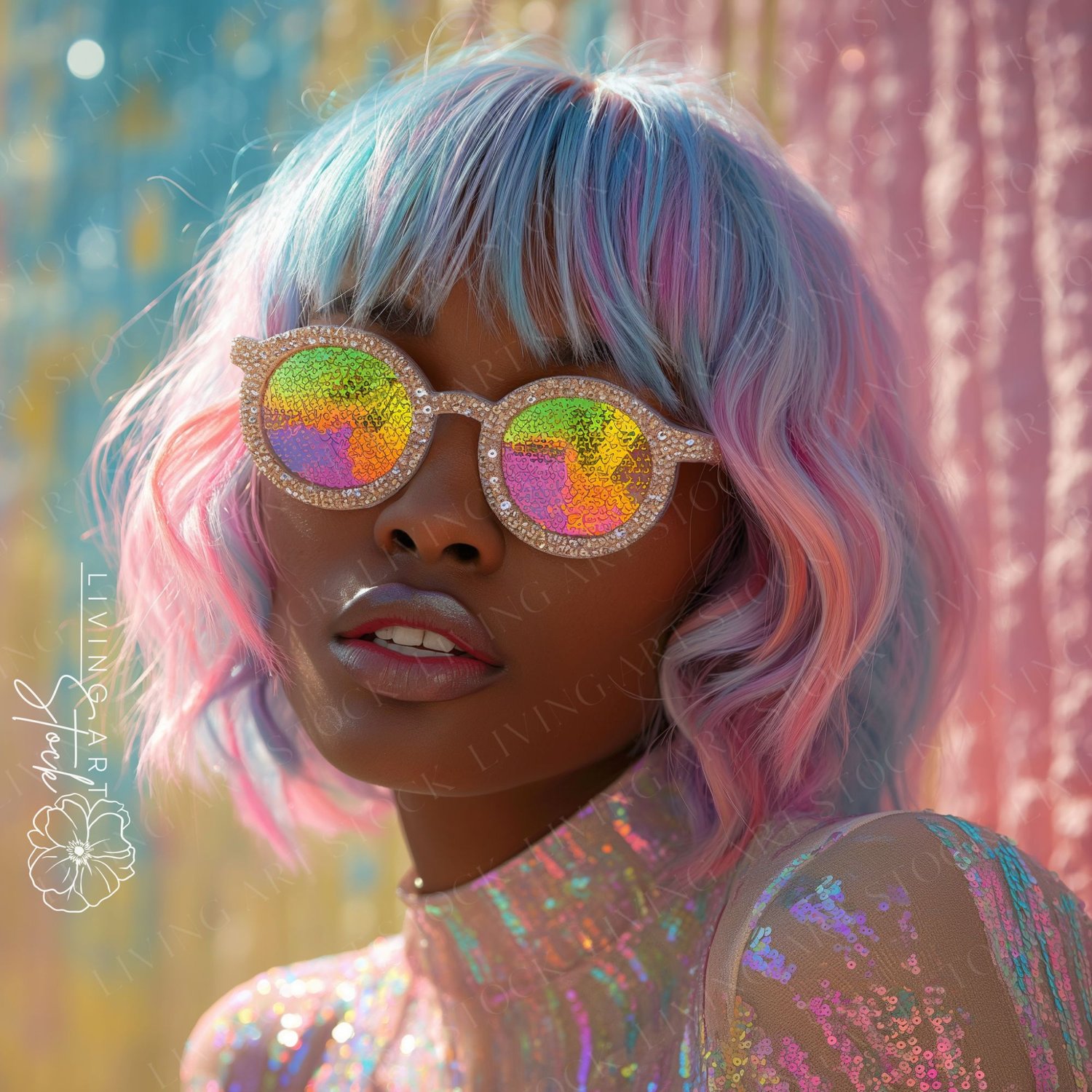 A close-up, vibrant portrait of an attractive young Black woman with short, wavy, pastel-colored hair (pink, blue, and yellow) posing outdoors. She is wearing a high-neck, sheer, sequined top that reflects the light with a holographic effect. Her most str