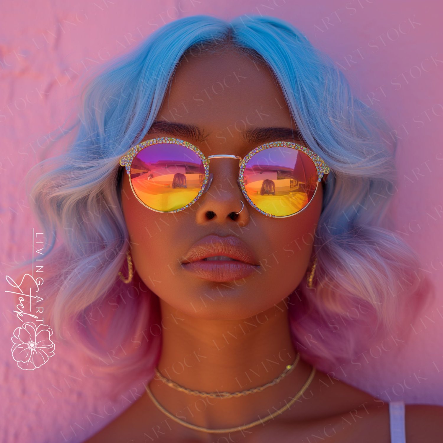 A vibrant, head-on, close-up portrait of an attractive young woman posing against a textured, bright pink wall. She has wavy, short-to-medium length hair styled in a colorful blue-to-pink ombre or dip-dye look. She is wearing a pair of stylish, round sung
